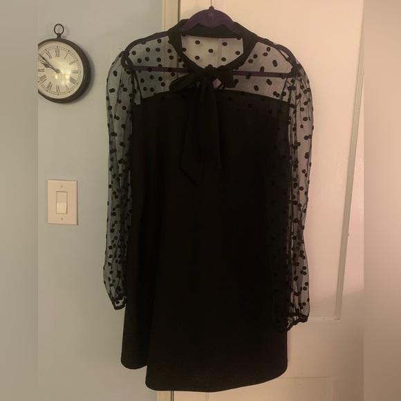 Shein Curve Black Dress Sheer Polka Dot Sleeves - Picture 2 of 14